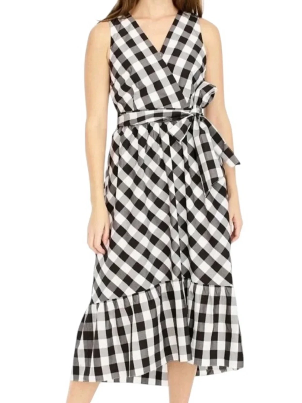 J. Crew Sleeveless Faux Wrap Dress in Gingham Cotton Poplin Size 8 Black White - Picture 11 of 11